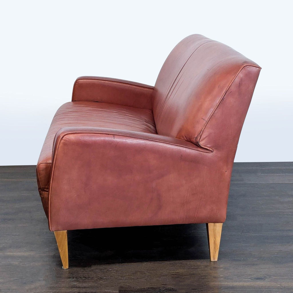 Mid-Century Modern Style Brown Leather Loveseat with Wooden Legs