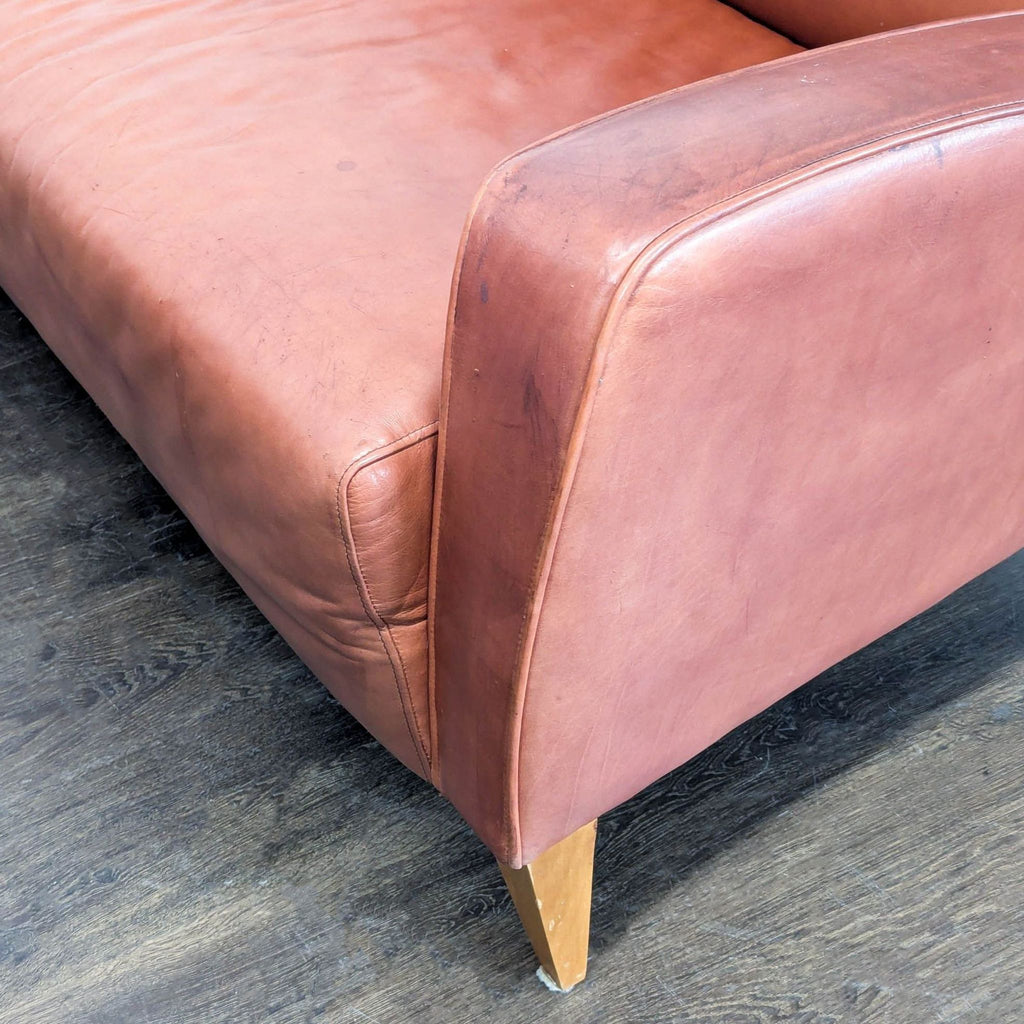 Mid-Century Modern Style Brown Leather Loveseat with Wooden Legs