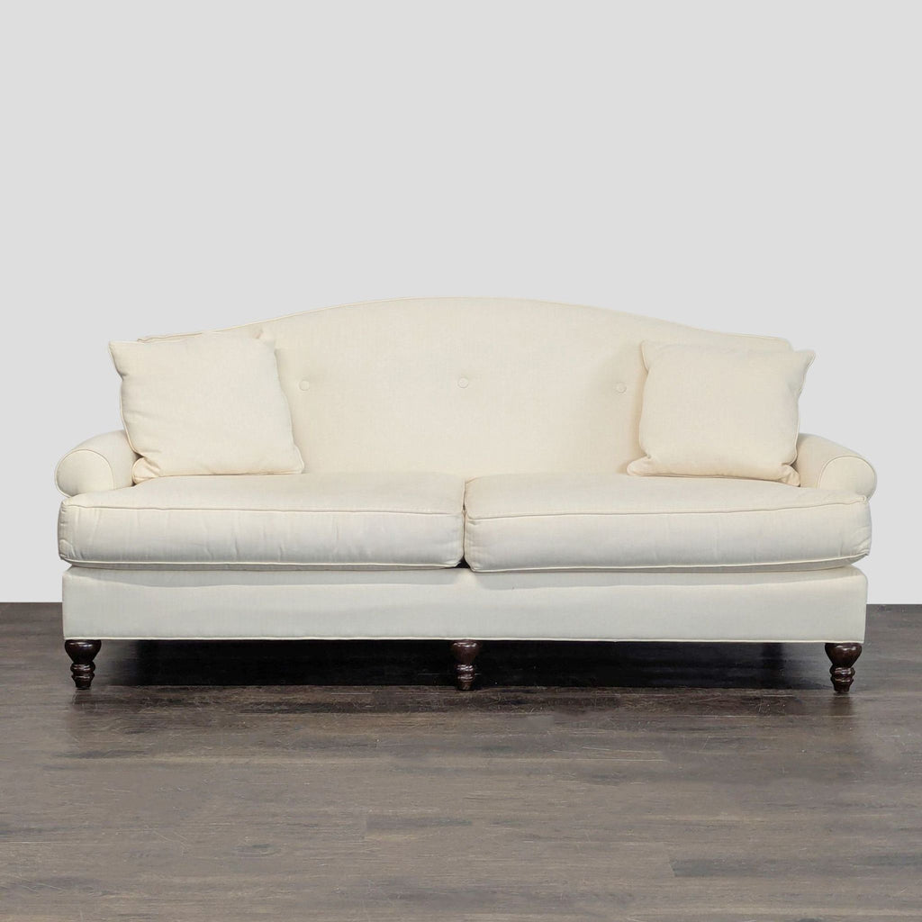 Thomasville 3-Seat Cream Sofa with Rolled Arms and Accent Pillows