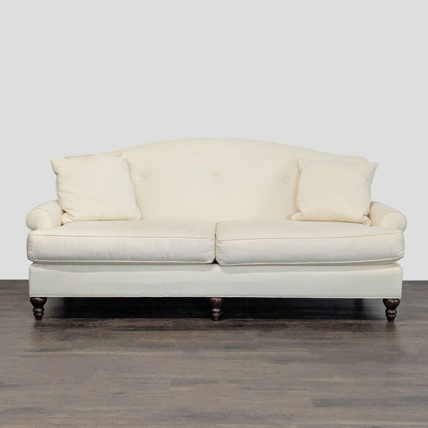 Thomasville 3-Seat Cream Sofa with Rolled Arms and Accent Pillows