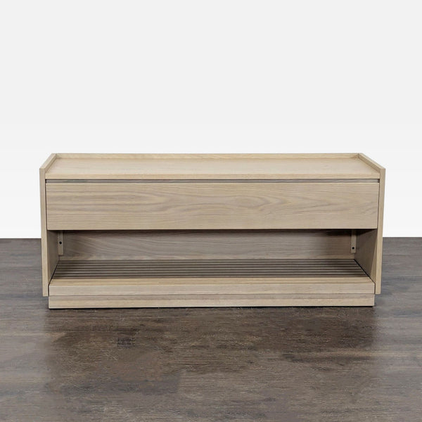 White oak bench with slatted accents, a pullout drawer, and open lower shelf for storage, from Crate & Barrel.