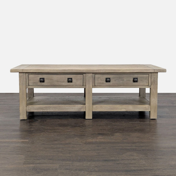 Pottery Barn coffee table in Seadrift finish with two-way drawers, made from solid poplar and veneers.  