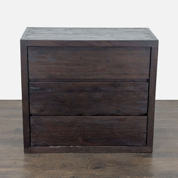 Pottery Barn dark wood dresser with three large drawers and a sleek, modern look.  