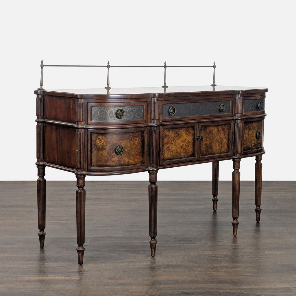 Traditional sideboard featuring burl finish, intricate drawer fronts, ring handles, and spacious storage compartments.