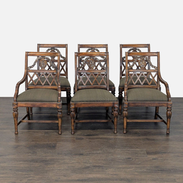 Set of 6 Fine Furniture Design dining chairs, featuring carved backs and legs, including 2 armchairs.  