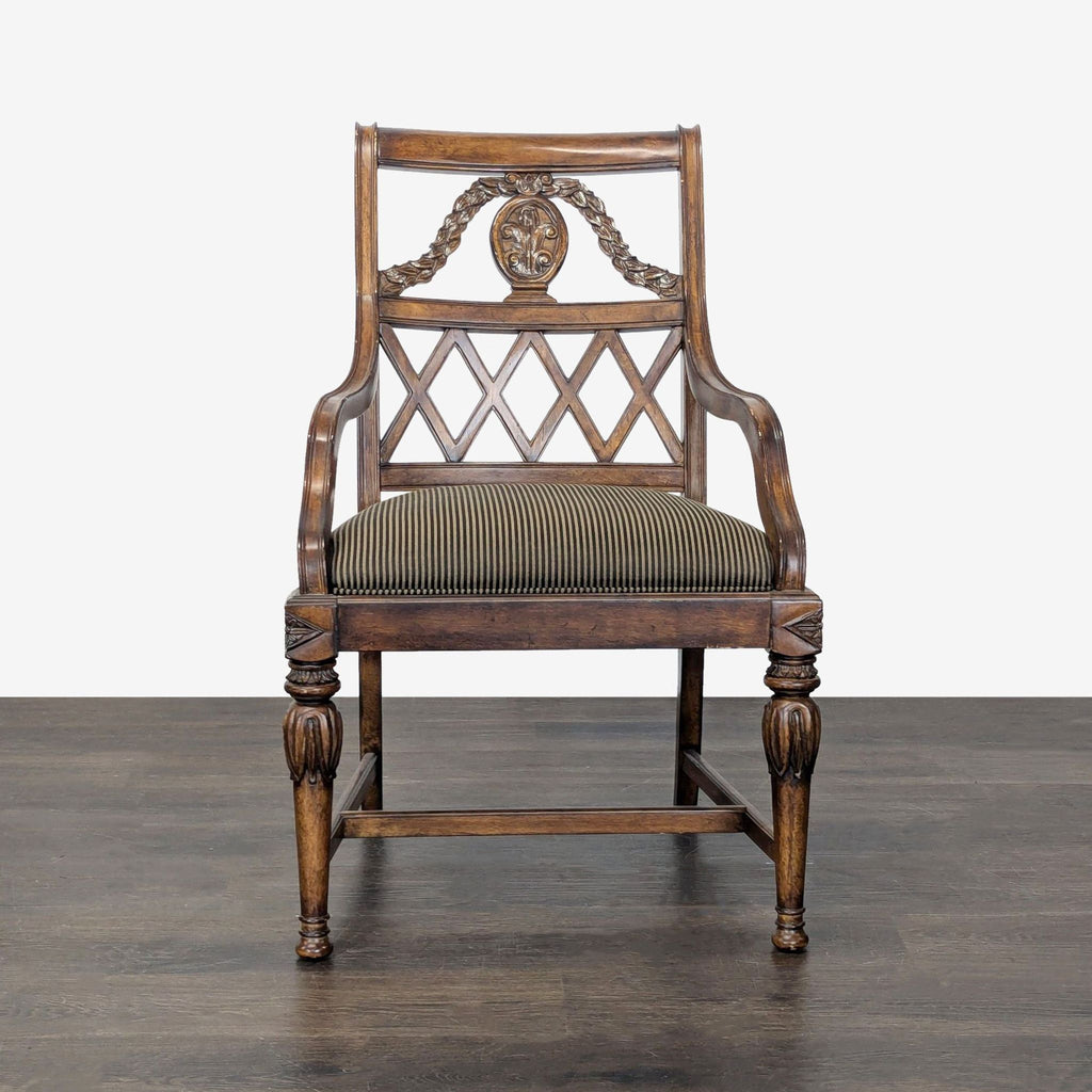 Dining chair set from Fine Furniture Design, carved wood backs and legs, includes arm and side chairs.