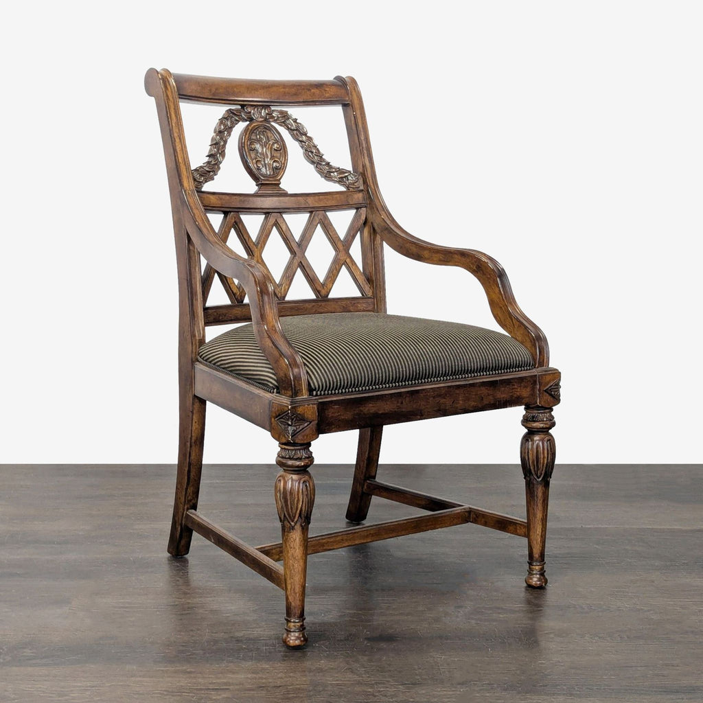 Four side chairs and two armchairs from Fine Furniture Design with ornate carved detailing.  