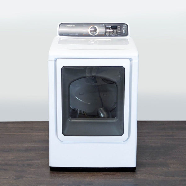 Samsung electric dryer with a glass door, user-friendly controls, and white finish for large laundry loads.