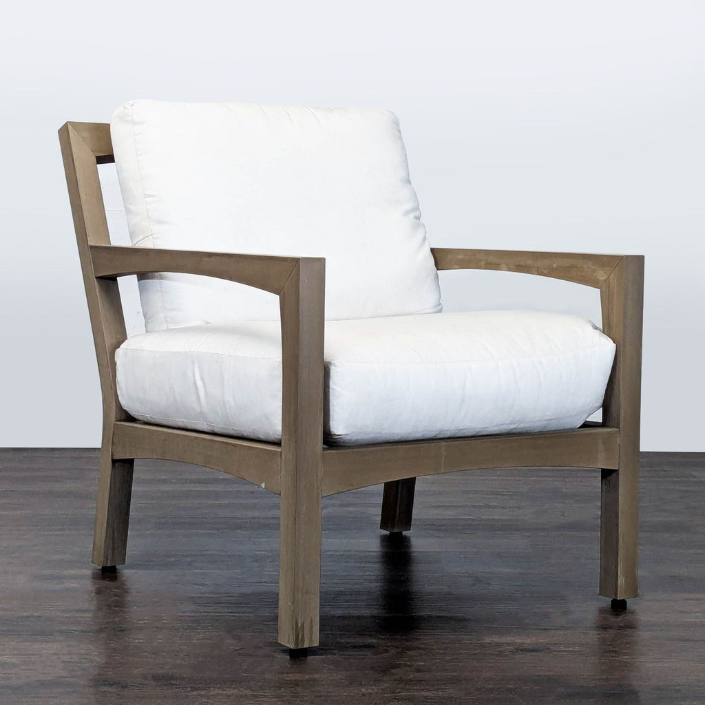 Group of six modern West Elm chairs and two side tables, ideal for outdoor lounging.
