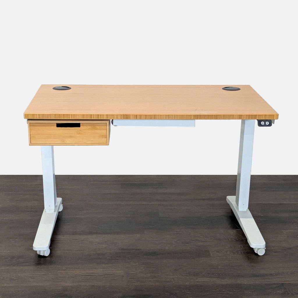 Uplift Electric Standing Desk with Bamboo Top, White Frame, Drawer & Casters