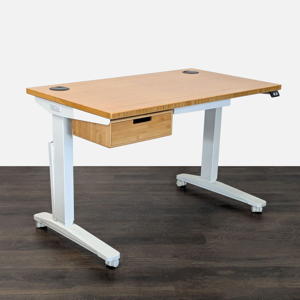 Uplift Electric Standing Desk with Bamboo Top, White Frame, Drawer & Casters