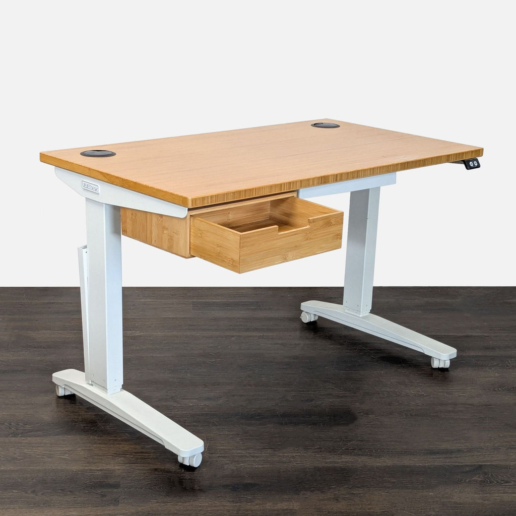 Uplift Electric Standing Desk with Bamboo Top, White Frame, Drawer & Casters