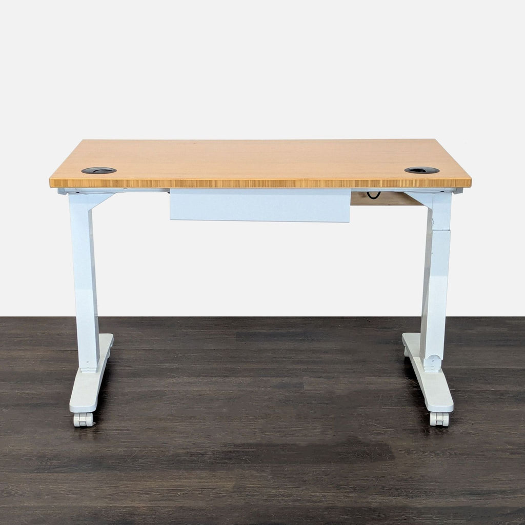 Uplift Electric Standing Desk with Bamboo Top, White Frame, Drawer & Casters