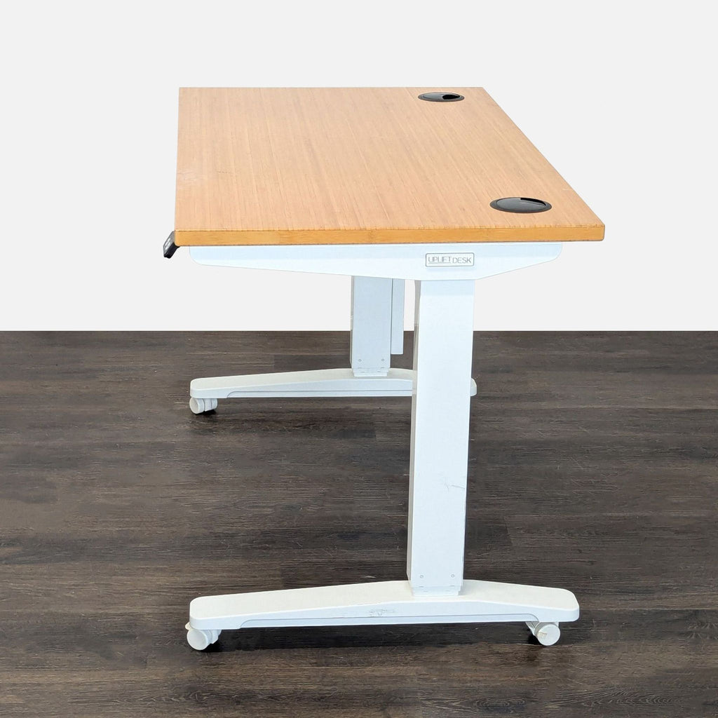 Uplift Electric Standing Desk with Bamboo Top, White Frame, Drawer & Casters