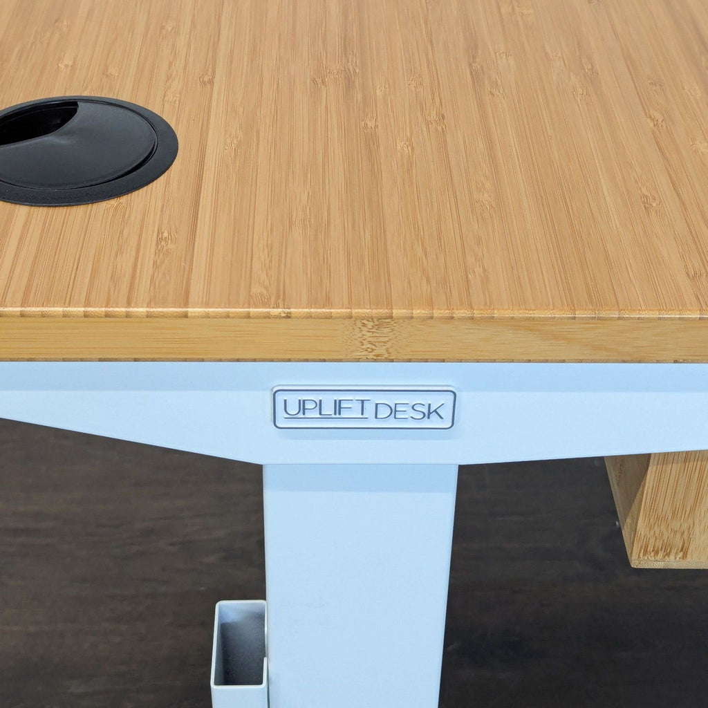 Uplift Electric Standing Desk with Bamboo Top, White Frame, Drawer & Casters