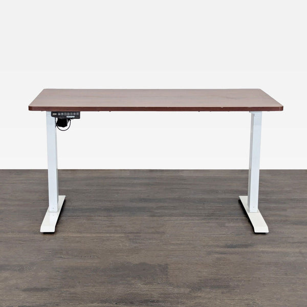 Flexispot standing desk with a wooden top and white frame, equipped with electric height adjustment.