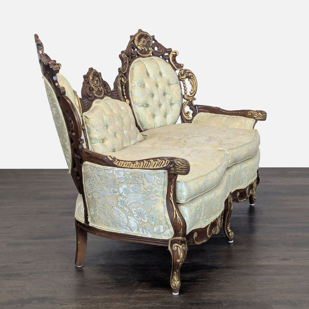 Ornate Hausske-Harlen loveseat with plush floral upholstery and decorative wooden frame for classic interiors.