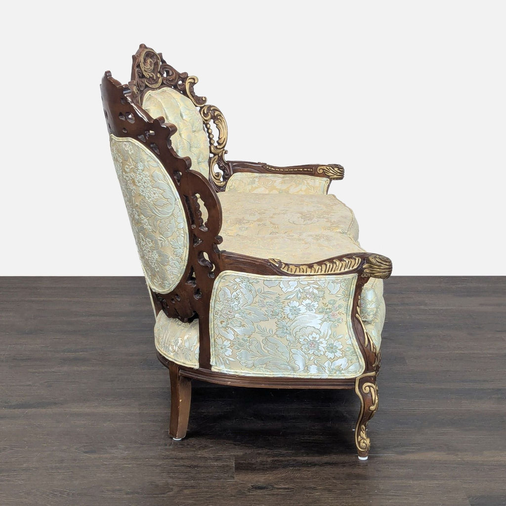 Elegant floral loveseat by Hausske-Harlen featuring detailed wood scrollwork and unique triple-back design.