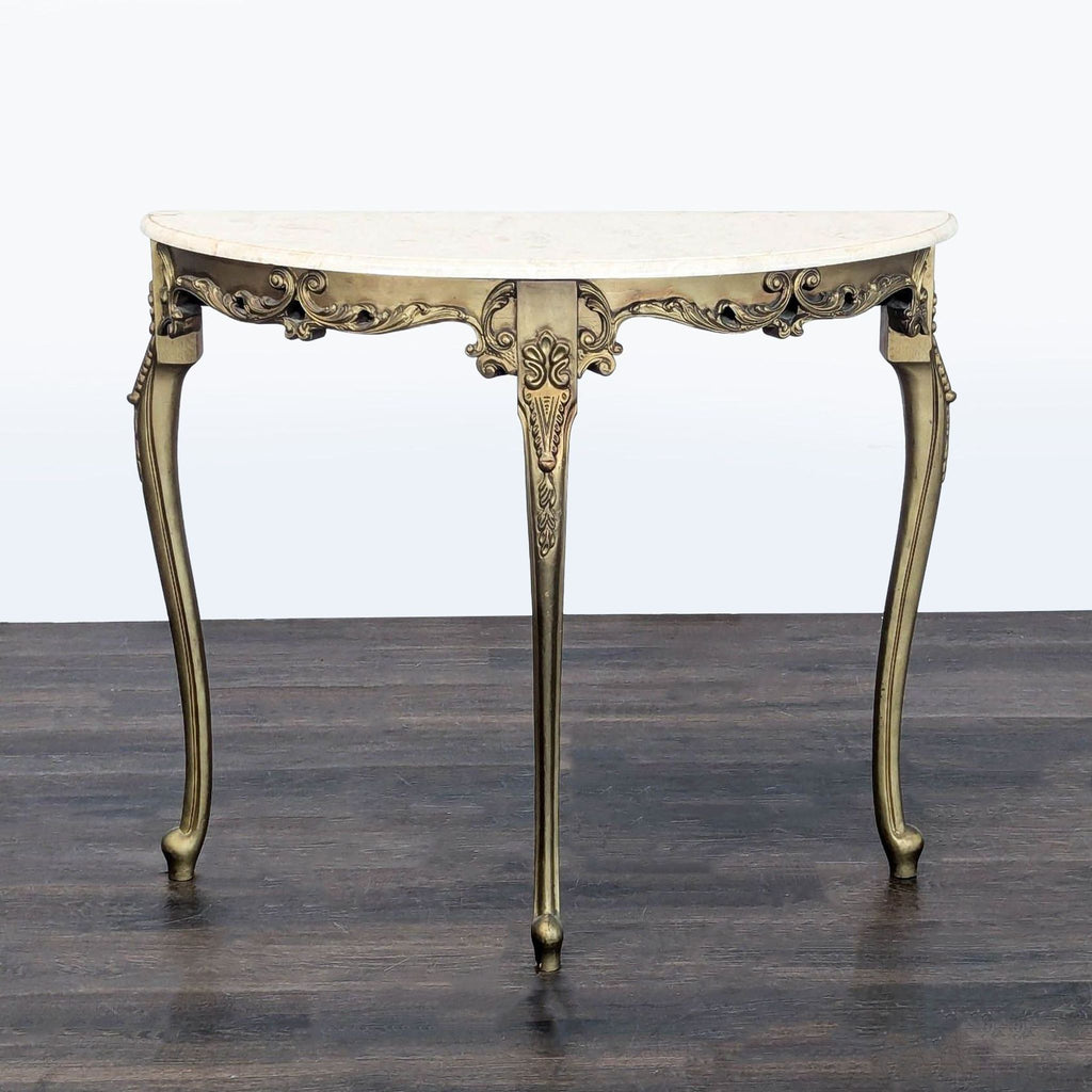 Carved wood side table featuring a removable marble top.  