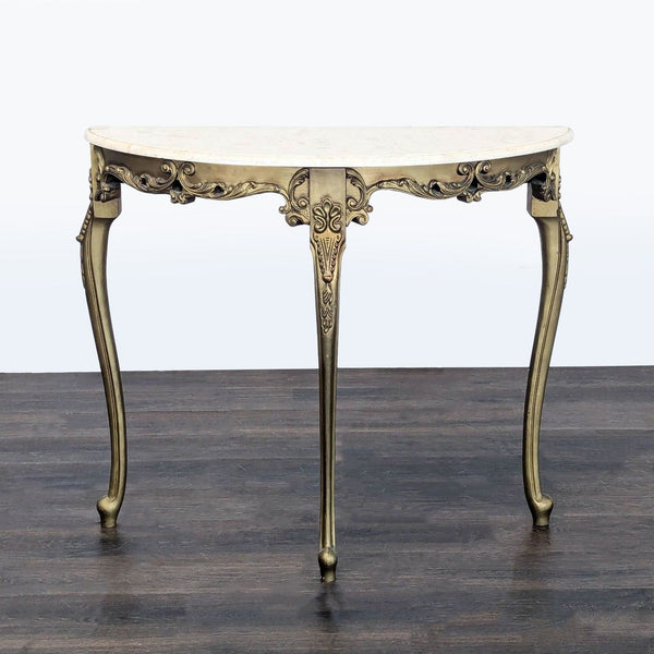 Carved wood side table featuring a removable marble top.  