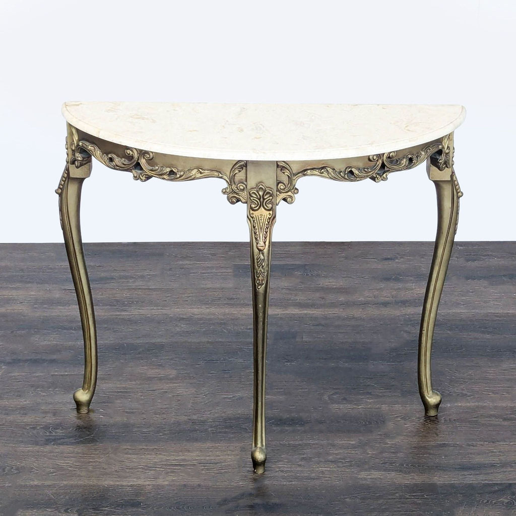 Elegant console table with intricate woodwork and a detachable marble surface.  