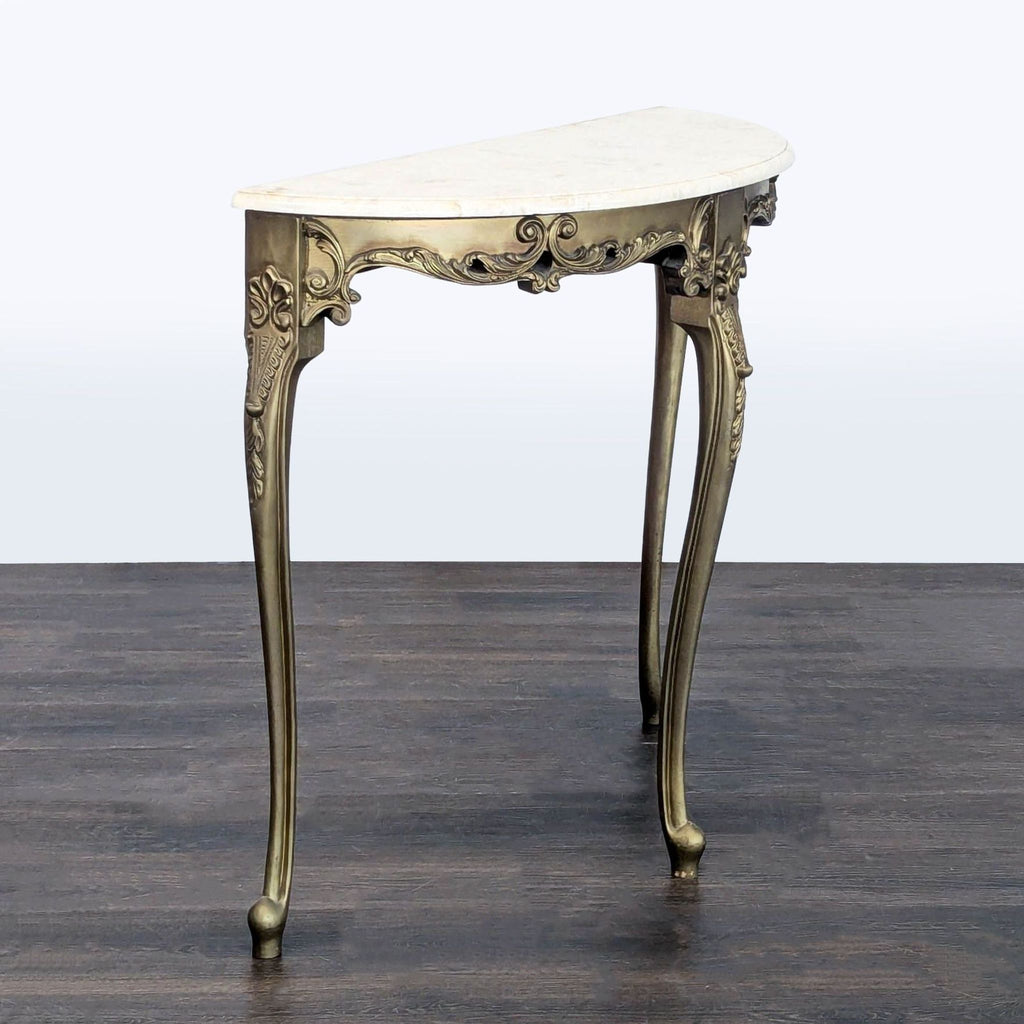 Wooden side table with ornate carvings and a separate marble top.
