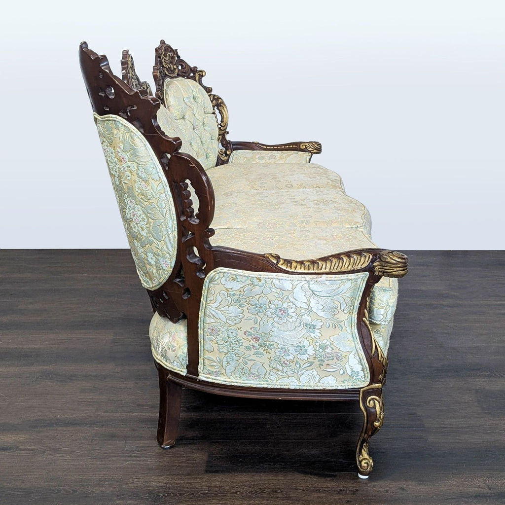 Hausske-Harlen Victorian 3-seat sofa, tufted cushions, carved wood details, and classic floral design.