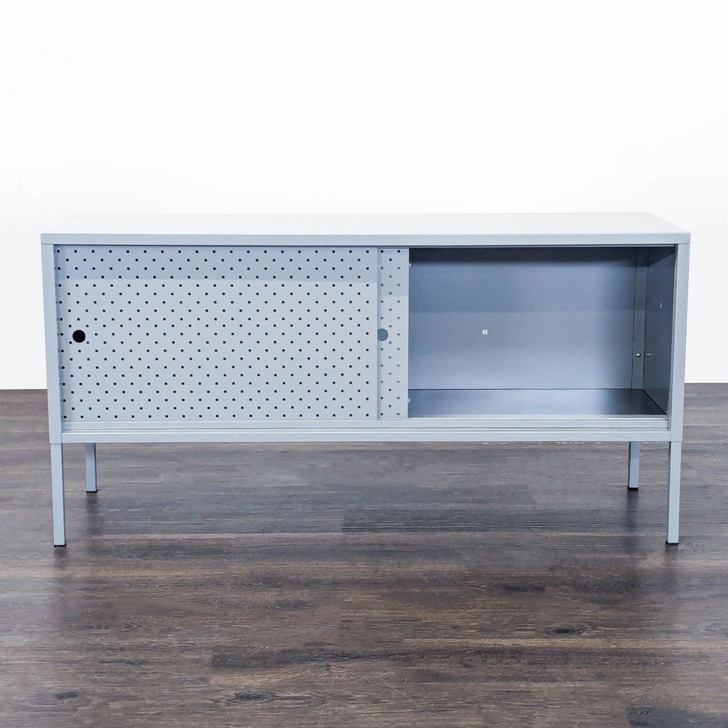 Modern media console with powder-coated steel mesh doors, elevated legs, and storage by Latitude Run.