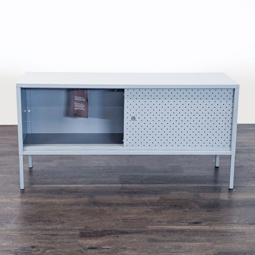 Latitude Run entertainment unit features mesh sliding doors, durable powder coating, and a sleek, airy design.