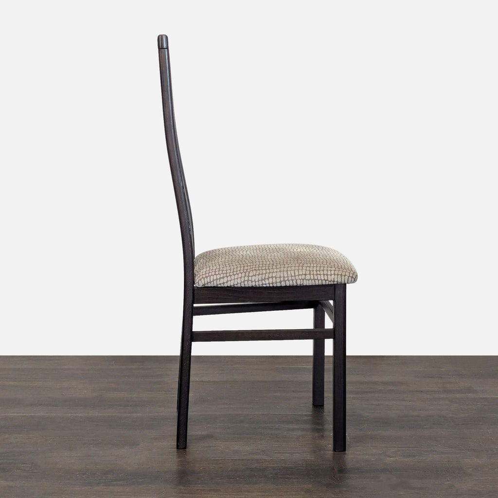 1. Modern Franciscan Interiors dining chair with sleek lines, upholstered seat, and wooden legs.