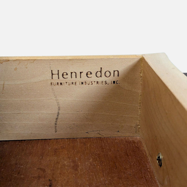 1. Henredon end table with elegant wood finish, featuring a lower shelf and classic design elements.  