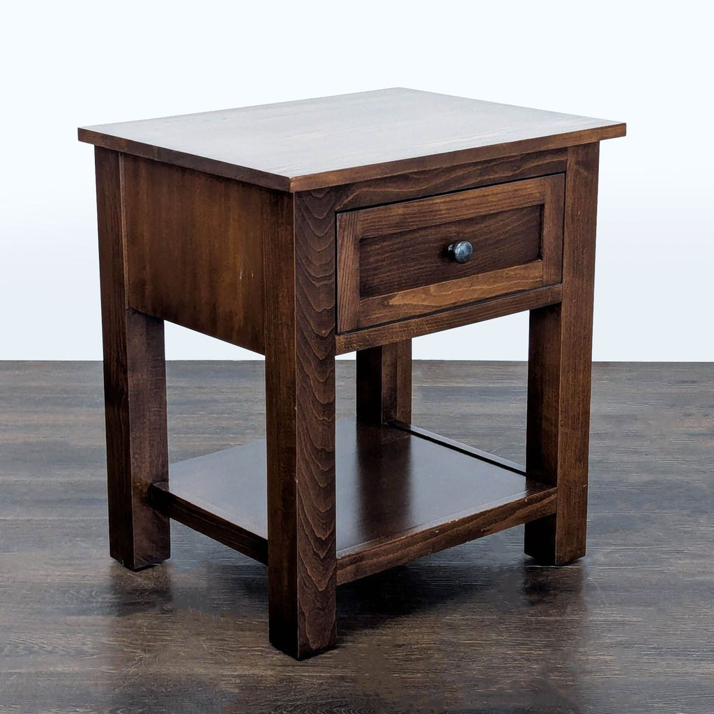 1. Modern wooden end table with a square top and lower shelf for extra storage.