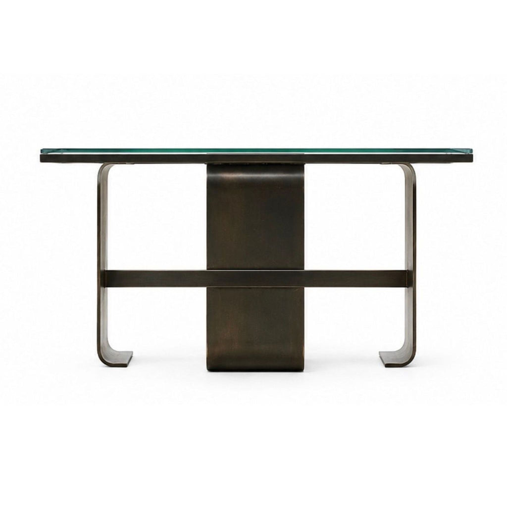 Marmol Radziner side table with a modern steel base and rectangular transparent glass top.