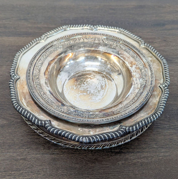 Vintage silver-plated bowl and plate with engraved patterns and rope-like edges, showing charming patina.