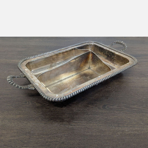 1. Vintage silver-plated serving tray with divided sections and handles, ideal for kitchen use or entertaining.