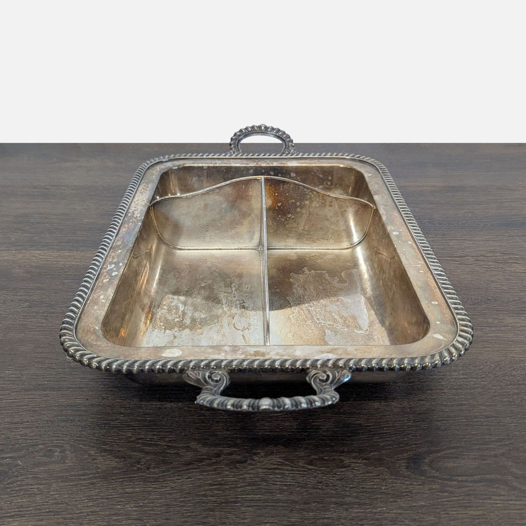 2. Elegant silver-plated tray featuring dual compartments and handles, perfect vintage kitchenware accessory.