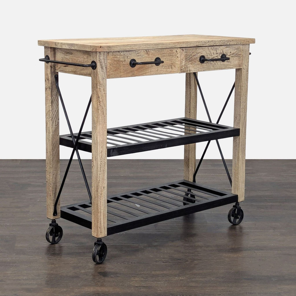 1. Rolling kitchen cart with wood top, metal shelves, and two drawers, featuring black handles and wheels.