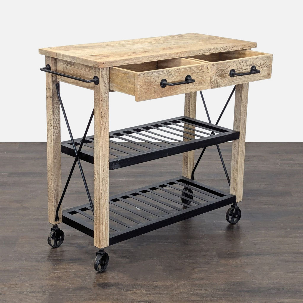 2. Industrial-style wooden cart with two open drawers, black metal accents, and two lower metal shelves.