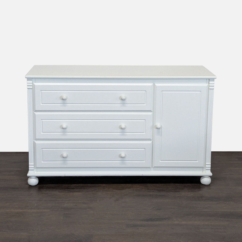 White Bellini dresser with three drawers and side cabinet, offering classic style and practical storage.  