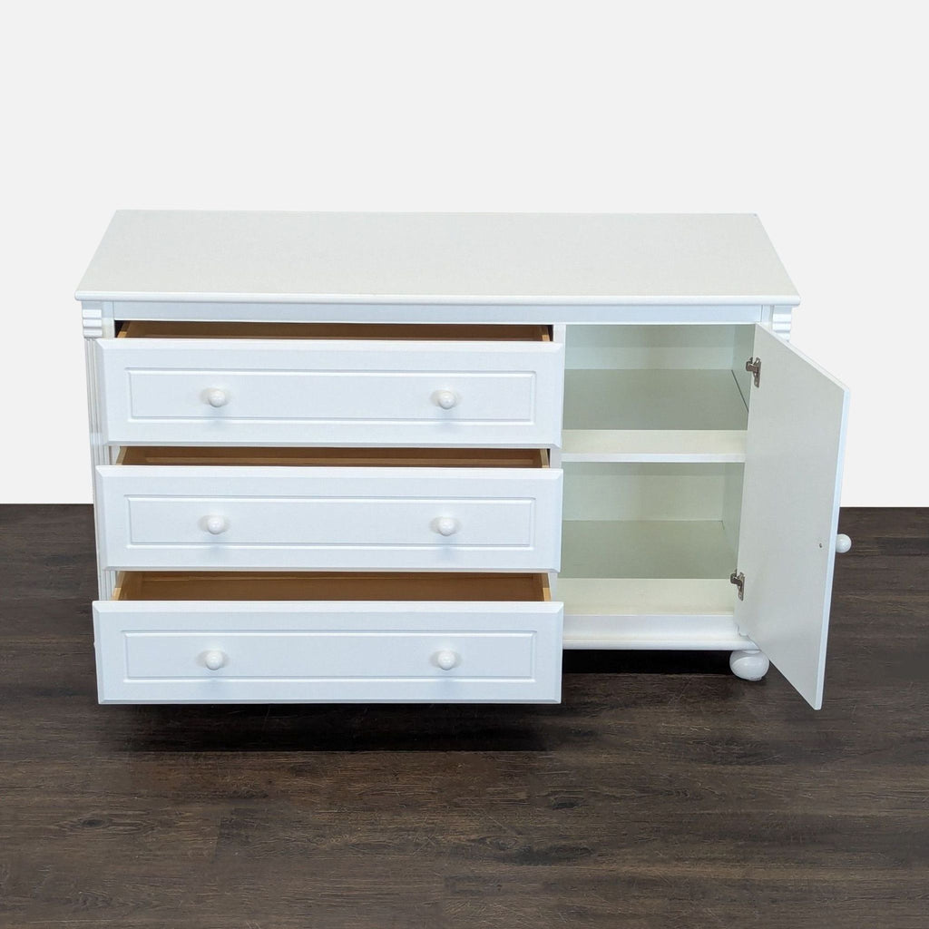 Spacious three-drawer dresser by Bellini, featuring a cabinet with two shelves and a crisp white finish.  