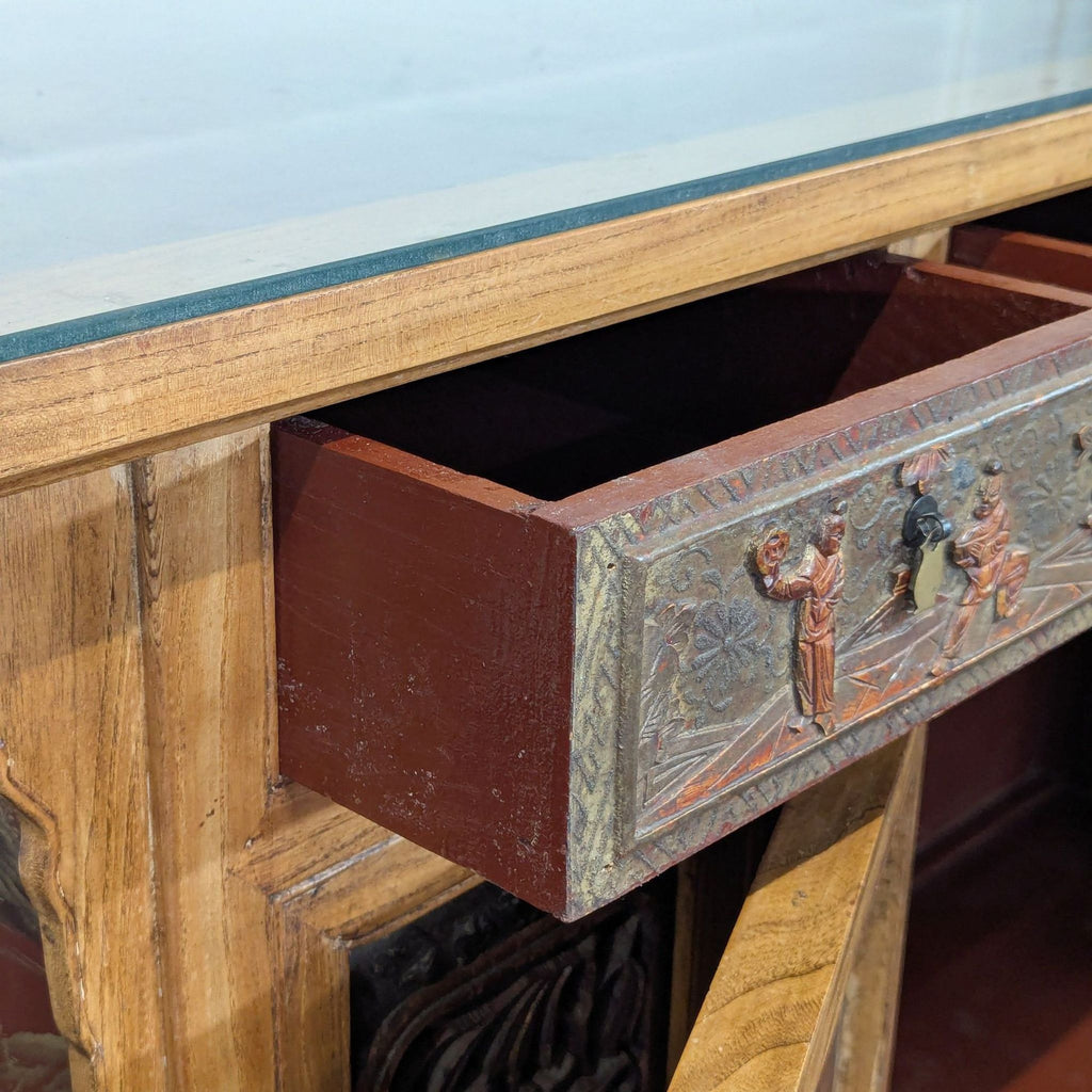 Antique Chinese wedding bed panels repurposed as a sideboard from circa 1999, showcased with ornate woodwork.