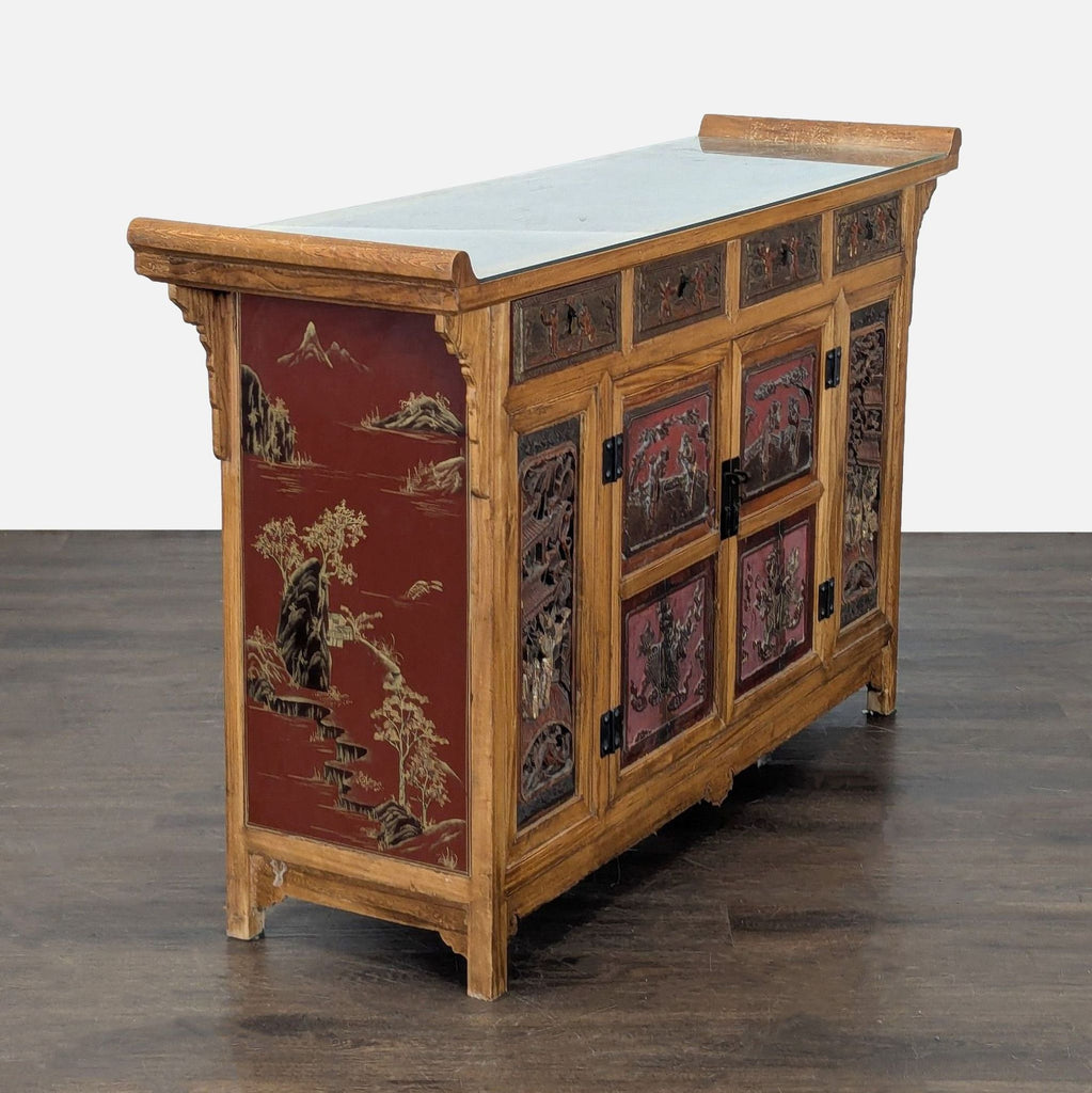 Elegant credenza crafted from antique Chinese wedding bed panels, featuring intricate designs and imported from China.