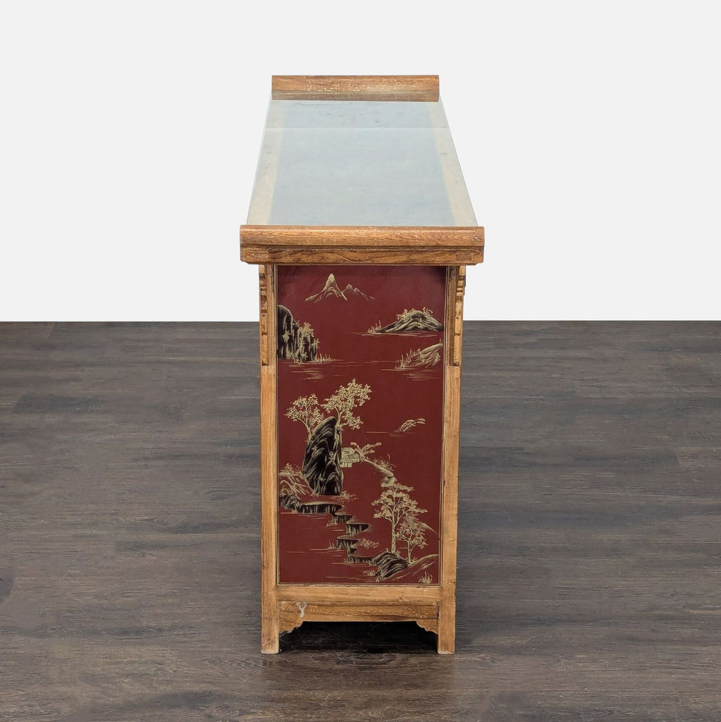 Sideboard made from ca. 1999 Chinese wedding bed panels, displaying traditional motifs and detailed wood craftsmanship.