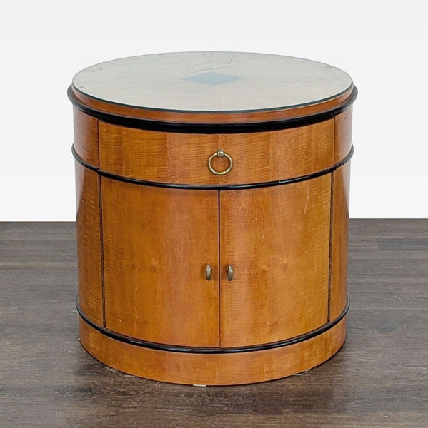 Biedermeier round drum end table by National Mt. Airy, featuring drawer, cabinet, ebonized accents, and glass top.