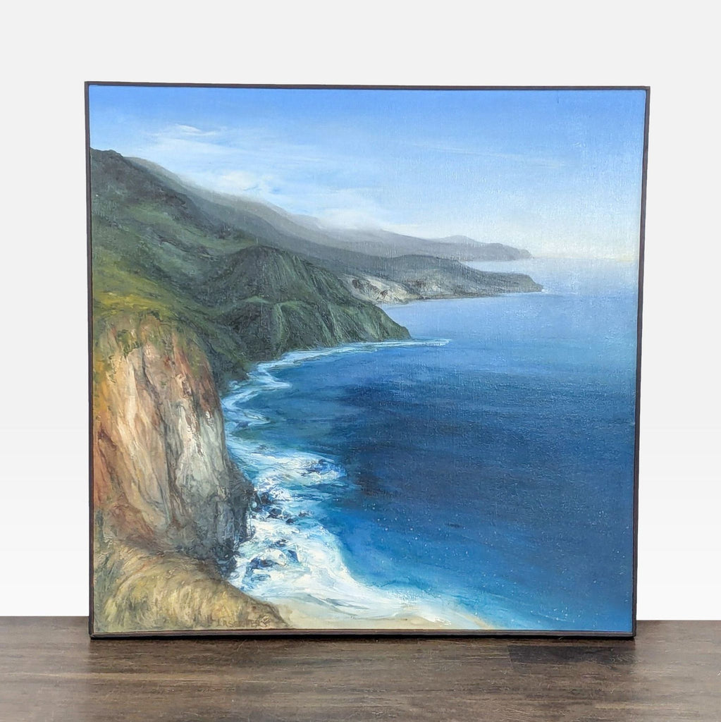 Oil painting of cliffs and green hills overlooking a blue ocean with textured, vibrant brushstrokes.
