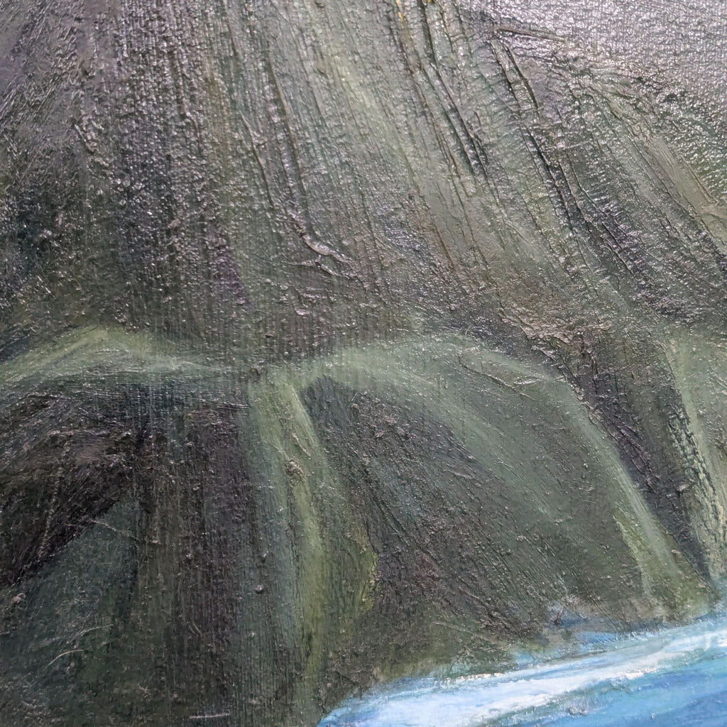 Original coastal landscape art with lush greenery and cliffs meeting a bright blue sea, painted in oil.