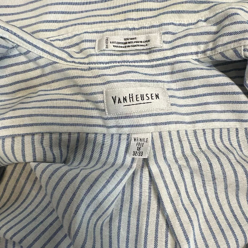 Van Heusen Men’s Blue & White Striped Wrinkle-Free Oxford Shirt 15 32/33