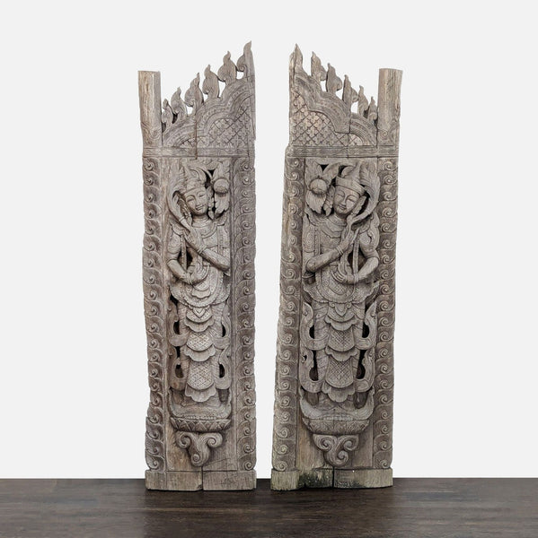 Pair of Large Thai Hand-Carved Wood Architectural Panels