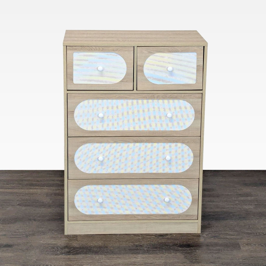 Light wood dresser with five drawers featuring white woven fronts and matching knobs, perfect for modern bedrooms.
