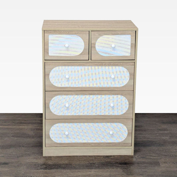 Light wood dresser with five drawers featuring white woven fronts and matching knobs, perfect for modern bedrooms.